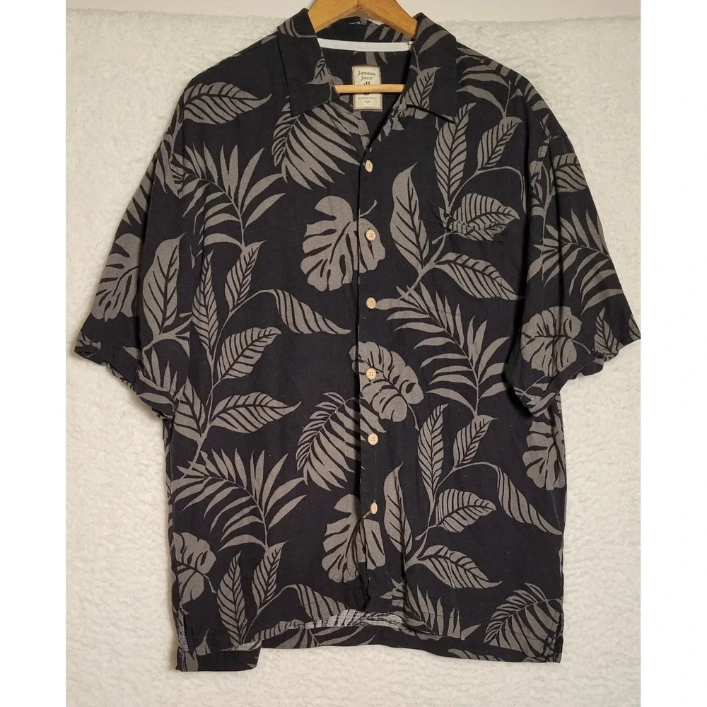 Jamaica Jaxx Shirt XL 100% Silk Short Sleeve Button Black Floral 0659